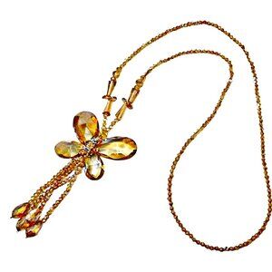 Large Beige Glass Beaded Butterfly Necklace 29” Statement Tassel Pendant New